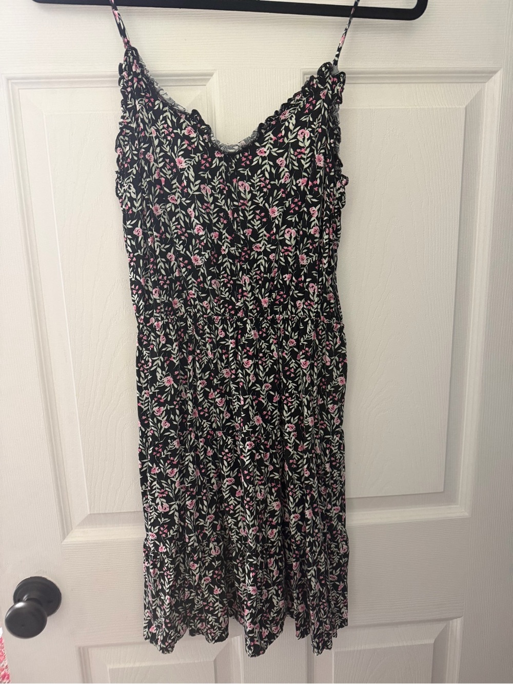 Floral Spaghetti-Strap Black Dress with Pink & White Print